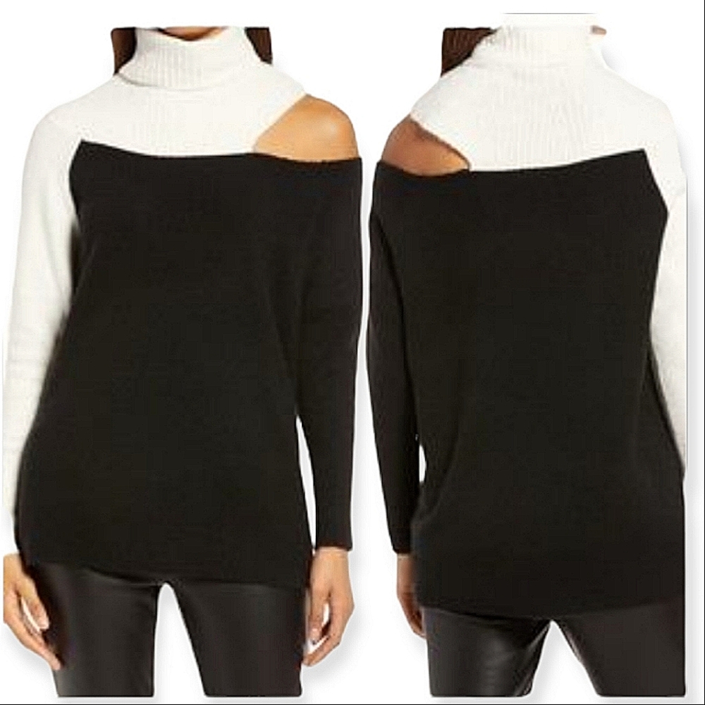 HALOGEN Black & White Turtle Neck Open Shoulder Long Sleeve Sweater Knit